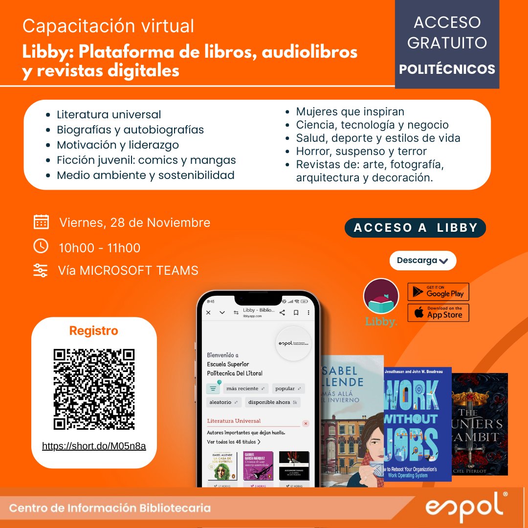 CIBESPOL's tweet image. 📚 Capacitación virtual | Descubre la App LIBBY, la plataforma de libros, audiolibros y revistas digitales al alcance del politécnico 📲

Colección en literatura, ciencia, biografías, suspenso, liderazgo, tecnología, salud, arte y más.

🔗 Registro: Escanea QR