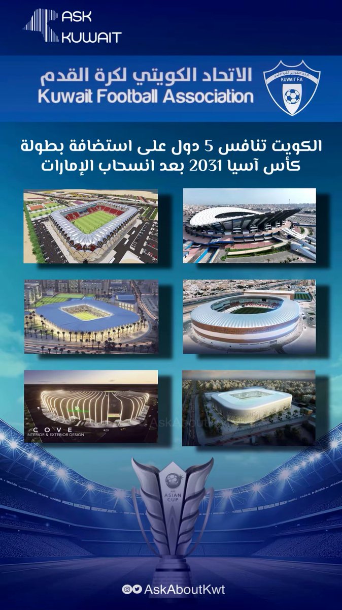الإمارات تسحب ملف استضافتها لنهائيات كأس آسيا 2031 | الكويت تنافس 5 دول أخرى لاستضافة البطولة       

- أعلن الاتحاد الإماراتي رسميًا سحب ملفه لاستضافة كأس آسيا 2031، قبل إعلان المستضيف خلال الجمعية العمومية للاتحاد الآسيوي في 2026

- 6 دول قد تقدمت بملفات الاستضافة:
كوريا
