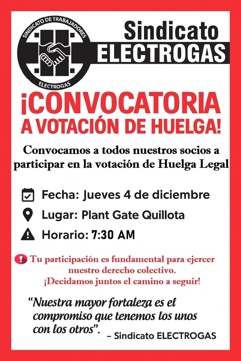 📢 Informamos a nuestros socios, a las partes interesadas y a la comunidad en general, que este jueves 4 de diciembre, se realizará la 🗳️votación de Huelga Legal del Sindicato Electrogas.
🤝 Unidos avanzamos con más fuerza.
 Sindicato Electrogas