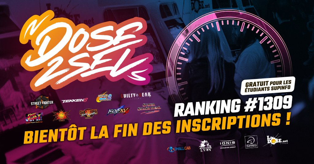 Les inscriptions pour le Ranking de ce week-end à <a href="/SUPINFO_Lyon/">SUPINFO Lyon</a> ferment dans un peu moins de 48h !

Venez vous taper toute l'aprèm' sur les 8 événements arcade 🕹️ et console 🎮 proposés ;)

🏆 INSCRIPTION : start.gg/tournament/ran…