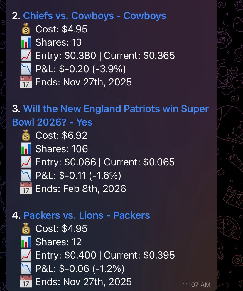Made my Turkey day football picks on <a href="/polysightbot/">Polysight</a> while taking a poo this morning. 

I’ve got the packers and cowboys cause I hate the chiefs and I love an underdog. 

(also pats gonna win it all)