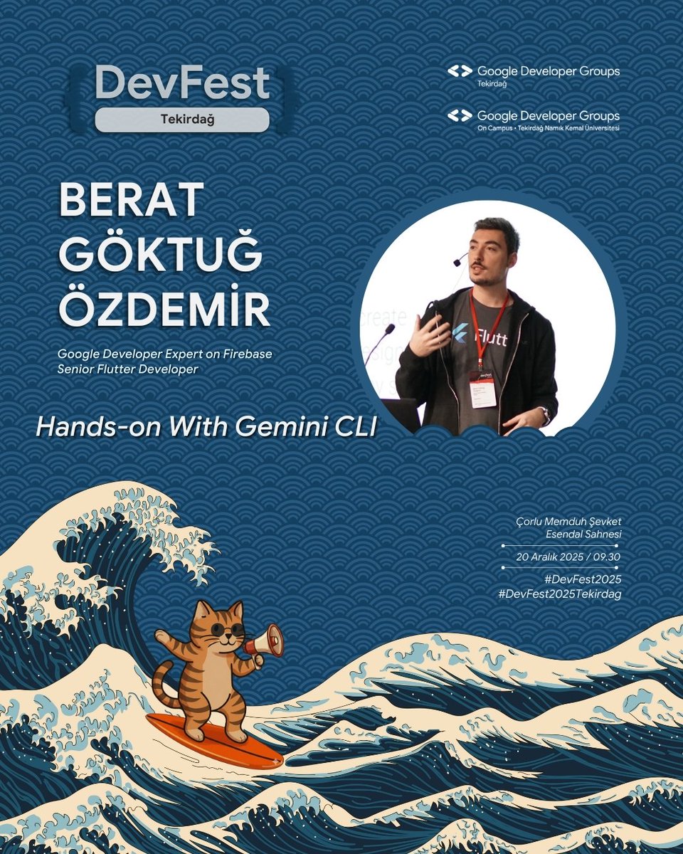🚀 Bu yıl DevFest Tekirdağ’da önemli bir isim var🤩
Firebase alanında GDE olan Göktuğ Özdemir, bu yılki son konuşmasını bizimle yapacak.
Yılın hot-topic’i Hands-on Gemini CLI ile pratik bir AI deneyimi seni bekliyor!

📌 Kayıt: bit.ly/devfest2025tek…
#DevFest #DevFest2025
