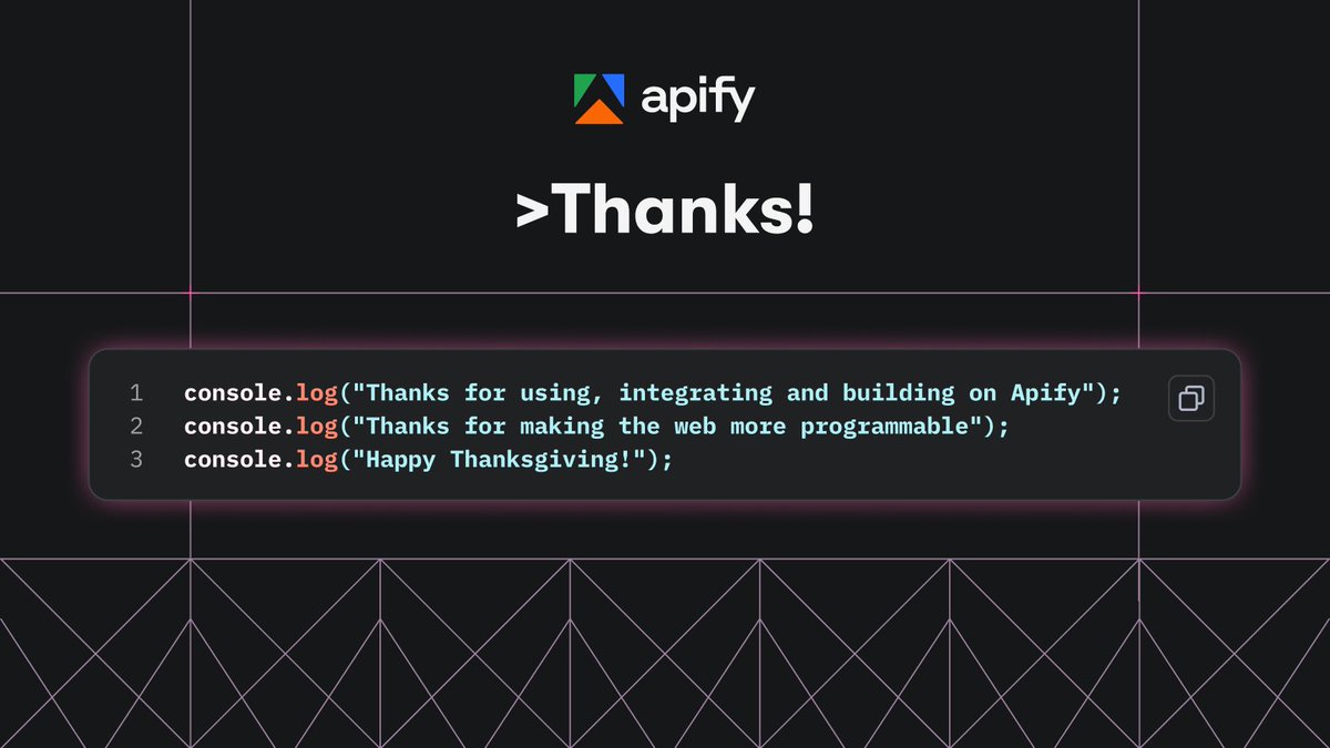 apify's tweet image. Happy Thanksgiving, world.

Even if it’s not your holiday, a quick gratitude checkpoint never hurts. Whether you&apos;re refactoring code or refilling your plate, we’re glad you’re building with us.

Thanks for pushing the open web forward 🧡