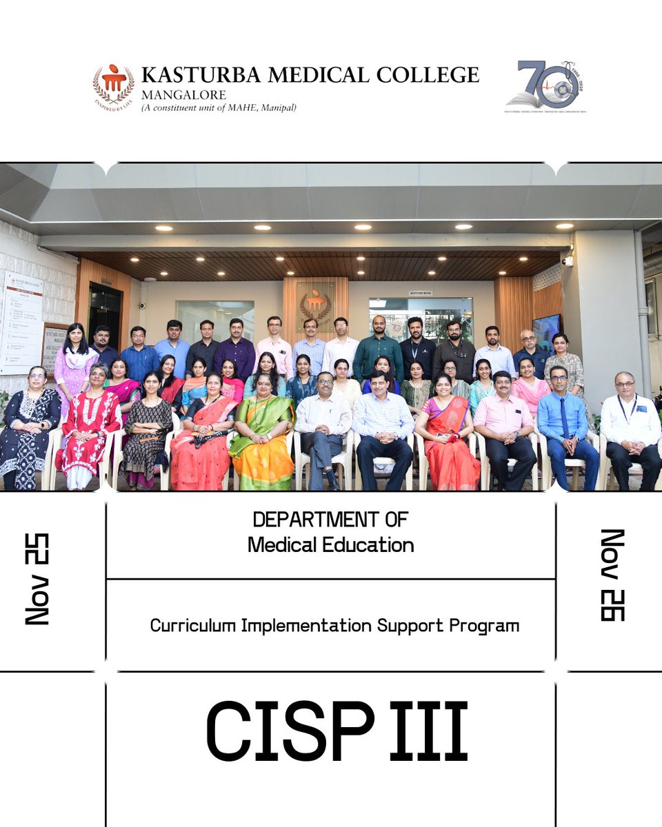 KMC_Mangalore's tweet image. KMC Mangalore conducted CISP-3 on 25–26 Nov 2025, building faculty skills in Competency-Based Medical Education and reinforcing student-centred teaching practices.
Proud to drive medical education excellence.
#CISP #CBME #FacultyDevelopment #KMCMangalore
