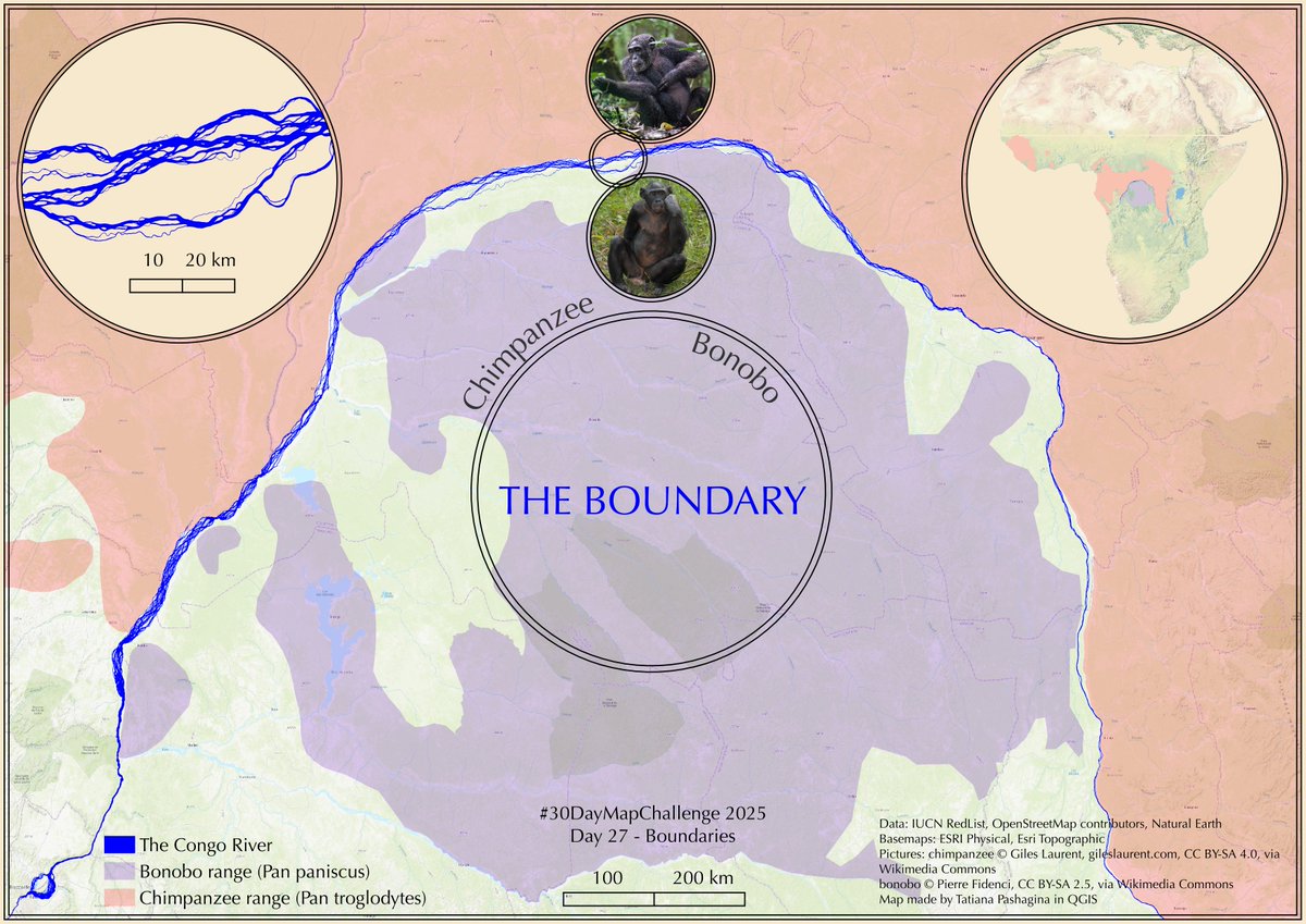 viola__alba's tweet image. #30DayMapChallenge Day 27 – Boundaries.
A map showing the natural boundary between chimpanzees and bonobos — the vast Congo River🌊

#map #gis #qgis #dataviz