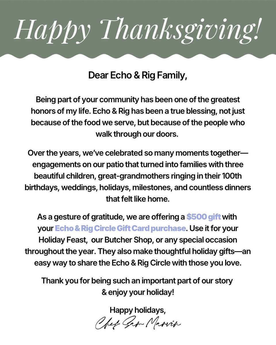 echoandrig's tweet image. Happy Thanksgiving — with a special message from Chef Sam Marvin and the E&amp;amp;R family.
⁠
We’re celebrating 15 years of E&amp;amp;R with something special for our community.
⁠
Introducing the E&amp;amp;R Circle Gift Card — a limited release this holiday season. 
⁠
Echoandrig.com/circle