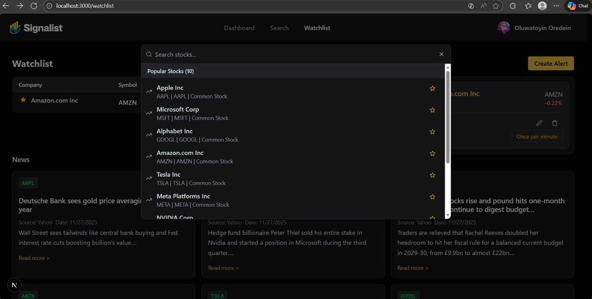 techiebaker's tweet image. My view 😍
I really thought “watchlist page” would be a quick one.
Four days later: users can add stocks, set price targets, and Inngest is doing the heavy lifting in the background.
This project stretched me in a good way. 🔥