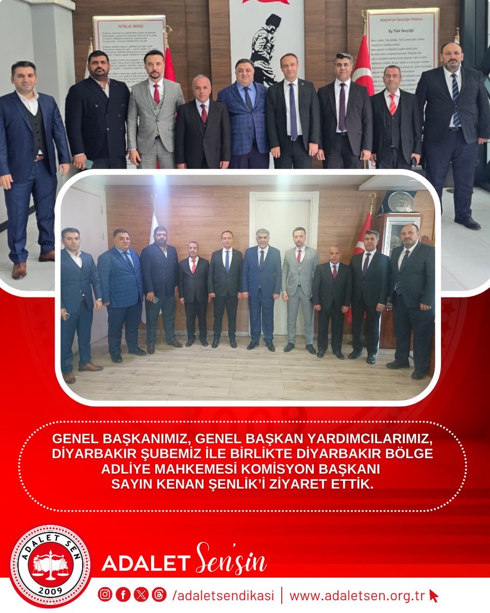 Genel Başkanımız, Genel Başkan Yardımcılarımız ve Diyarbakır Şube Yönetimimiz ile birlikte; Diyarbakır Bölge Adliye Mahkemesi Komisyon Başkanı Sayın Kenan ŞENLİK’i makamında ziyaret ettik.

Çalışma hayatı ve güncel konular üzerine verimli bir görüşme gerçekleştirdik. Sayın