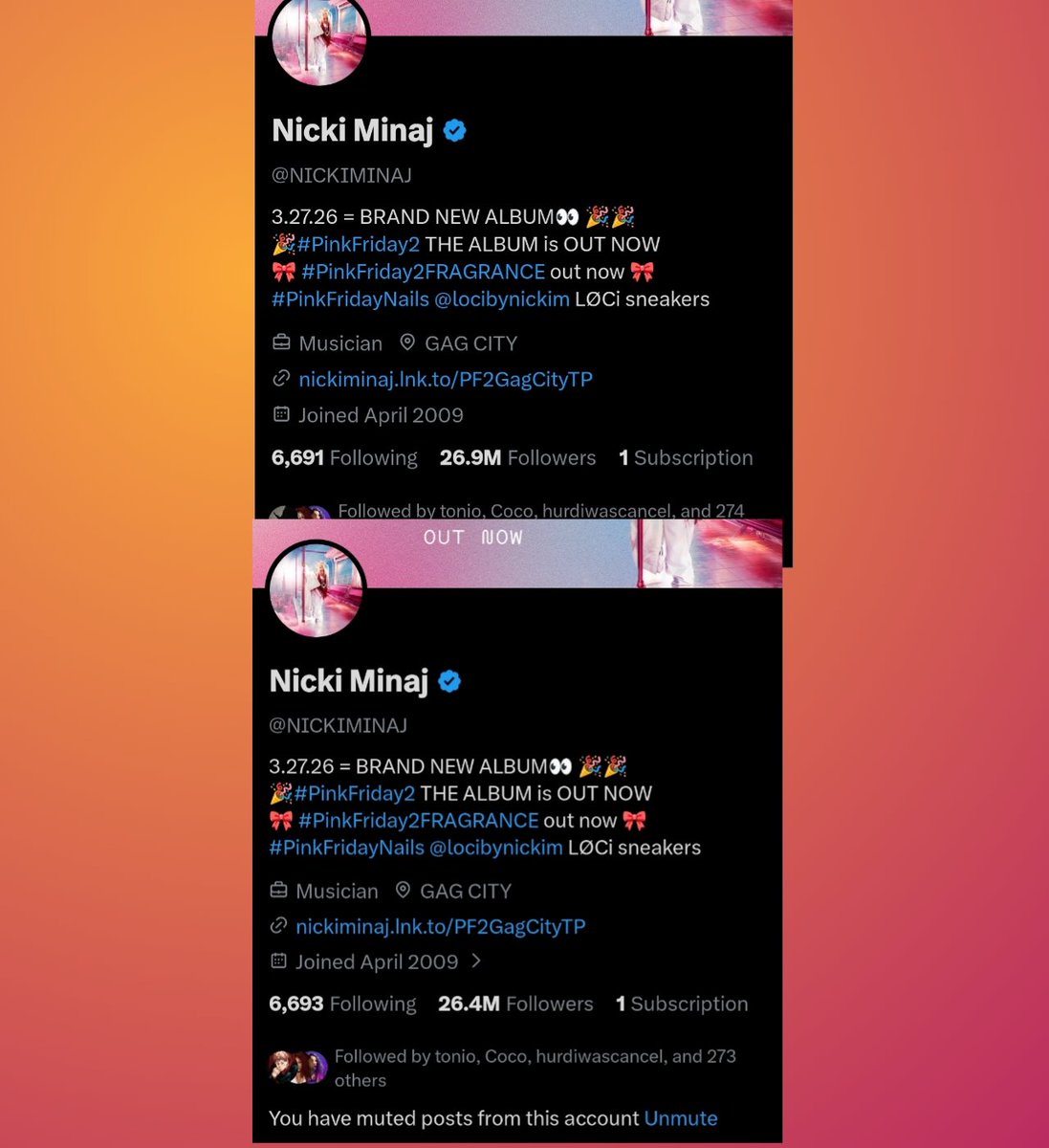 Nicki Minaj loses another 500K followers on Twitter 10 days after her MAGA "Flex" at the UN. 

While Her fans are worried about Cardi B getting deals that come with a lot of money or losing Spotify listeners which is normal. What isn't normal is a celebrity of Nicki Minaj's