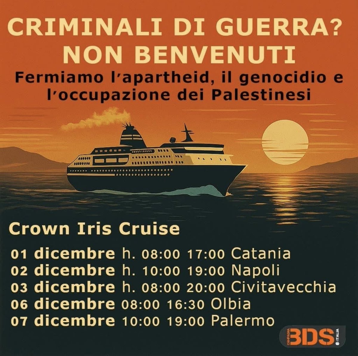 Nei prossimi giorni la nave da crociera israeliana Crown Iris partirà da Haifa e attraverserà 5 porti italiani. 

COMUNICATO COMPLETO: bdsitalia.org/index.php/comu…

#BDS
#noroomforgenocide
#noharbourforgenocide
#noportforgenocide