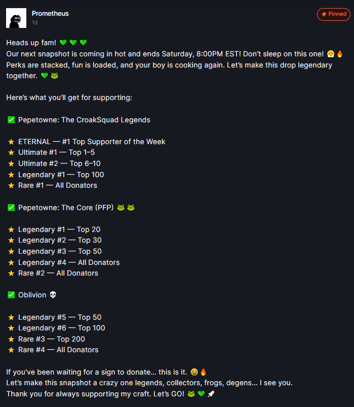 xPrometheus_sol's tweet image. 🚨 SNAPSHOT SEASON HAS BEGUN 🚨

You #pixelart boy is officially cooking again and the kitchen is unreasonably hot @drip_haus . 🔥👨‍🍳

After a little rest (and by rest I mean lying face-down questioning life choices),
I’m BACK, dropping OBLIVION, Croak Squad Legends, and THE CORE,…