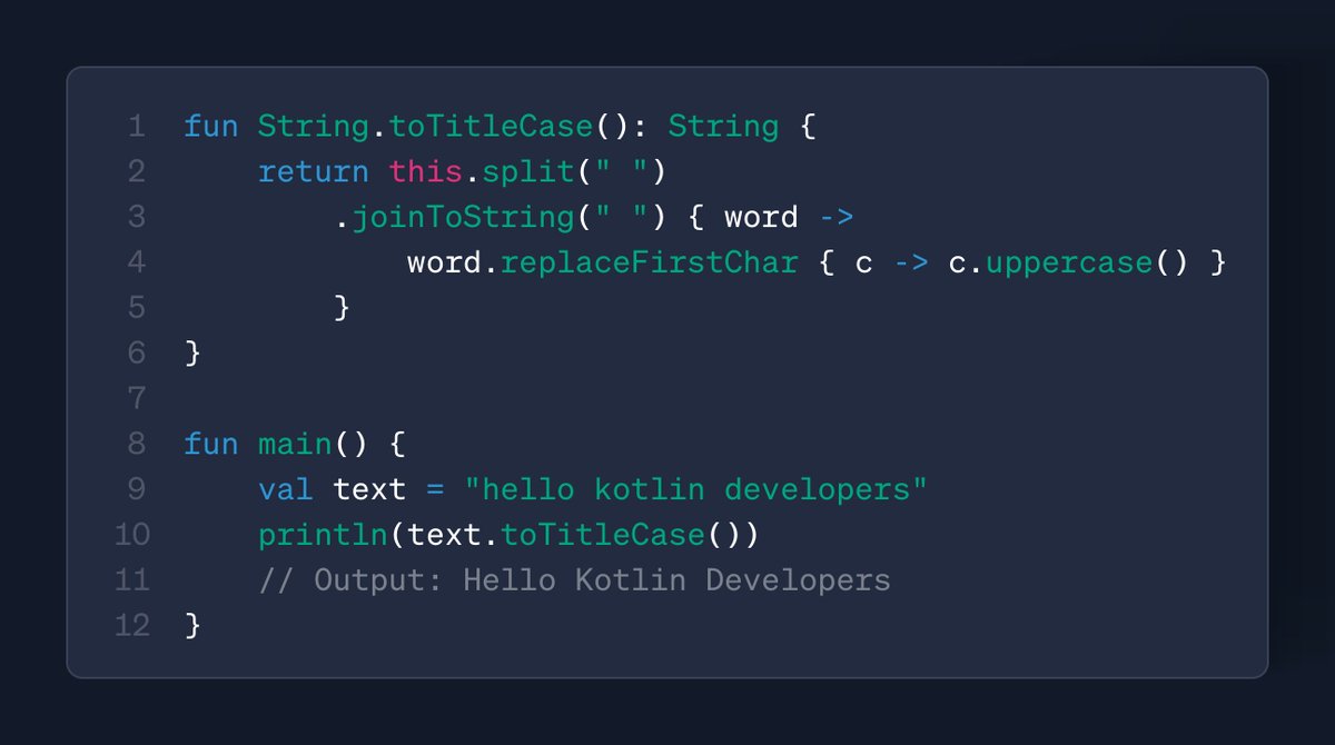 livingstonanto9's tweet image. 🚀 Kotlin Tip of the Day

Use Extension Functions to add new behavior to existing classes without modifying them. Clean, expressive &amp;amp; powerful

Perfect for formatting, validations, conversions &amp;amp; more

#Kotlin #KotlinTips #AndroidDev #CleanCode #JetpackCompose