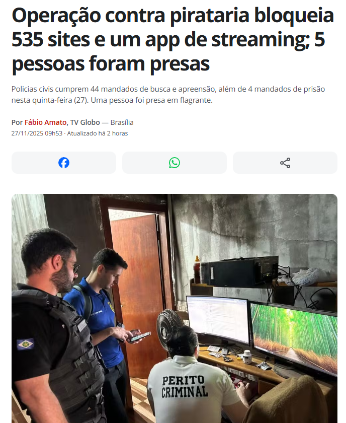 SenhorLinguica's tweet image. Oitava fase da &quot;Operação 404&quot;, tirou do ar 303 sites ilegais e um aplicativo de streaming que reproduziam conteúdo pirata.

Segundo o ministério, esta é a maior mobilização internacional do país no combate aos crimes contra a propriedade intelectual na internet.