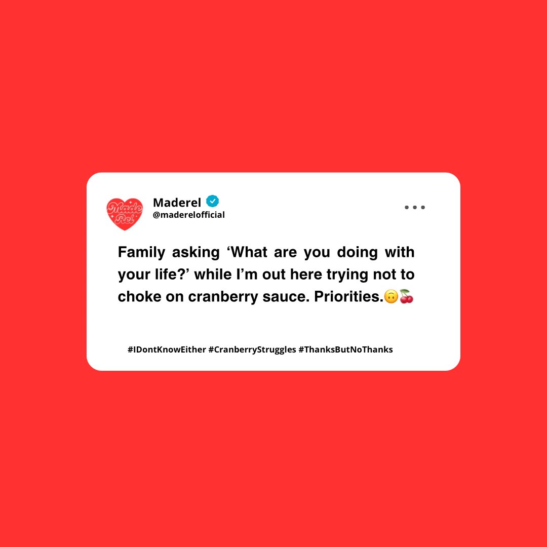 mderelve's tweet image. Family: “So, what’s your life plan?”
Me: literally choking on cranberry sauce “Plotting my escape from this interrogation… and maybe a snack attack. 🙃🍒💀 #SendHelp #SurvivalMode
