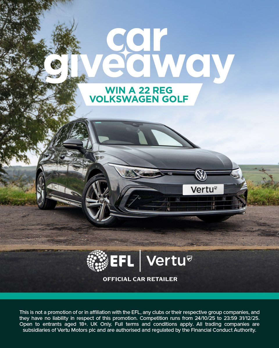 theposh's tweet image. Want to make 2026 one to remember? Thanks to Official Car Retailer of the EFL, @VertuMotors you can! 🚗

You could be driving away in an incredible 22-plate Volkswagen Golf R-line, as part of the #VertuCarGiveaway

Enter for free 👉 bit.ly/4oeHORv

T&amp;amp;Cs apply

#pufc | AD…