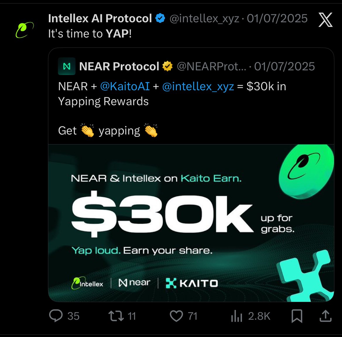 kish_t_A's tweet image. I believe transparency is one important attribute needed to build a community.

It’s been 3 months and 21 days since @intellex_xyz announced the reward for its kaito campaign with 75 top yappers involved on this list. There were no prior announcements that the reward would be in…