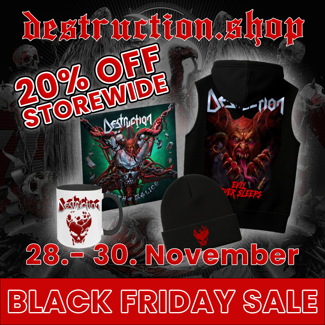 destruction's tweet image. ⚡️BLACK FRIDAY SALE THIS WEEKEND ⚡️
From Friday till Sunday we have prepared a  20% BLACK FRIDAY discount sale on ALL items in our shop! 
As a little extra bonus,  we also offer a free MAD BUTCHER sticker for ALL orders over 50 Euros.
destruction.shop