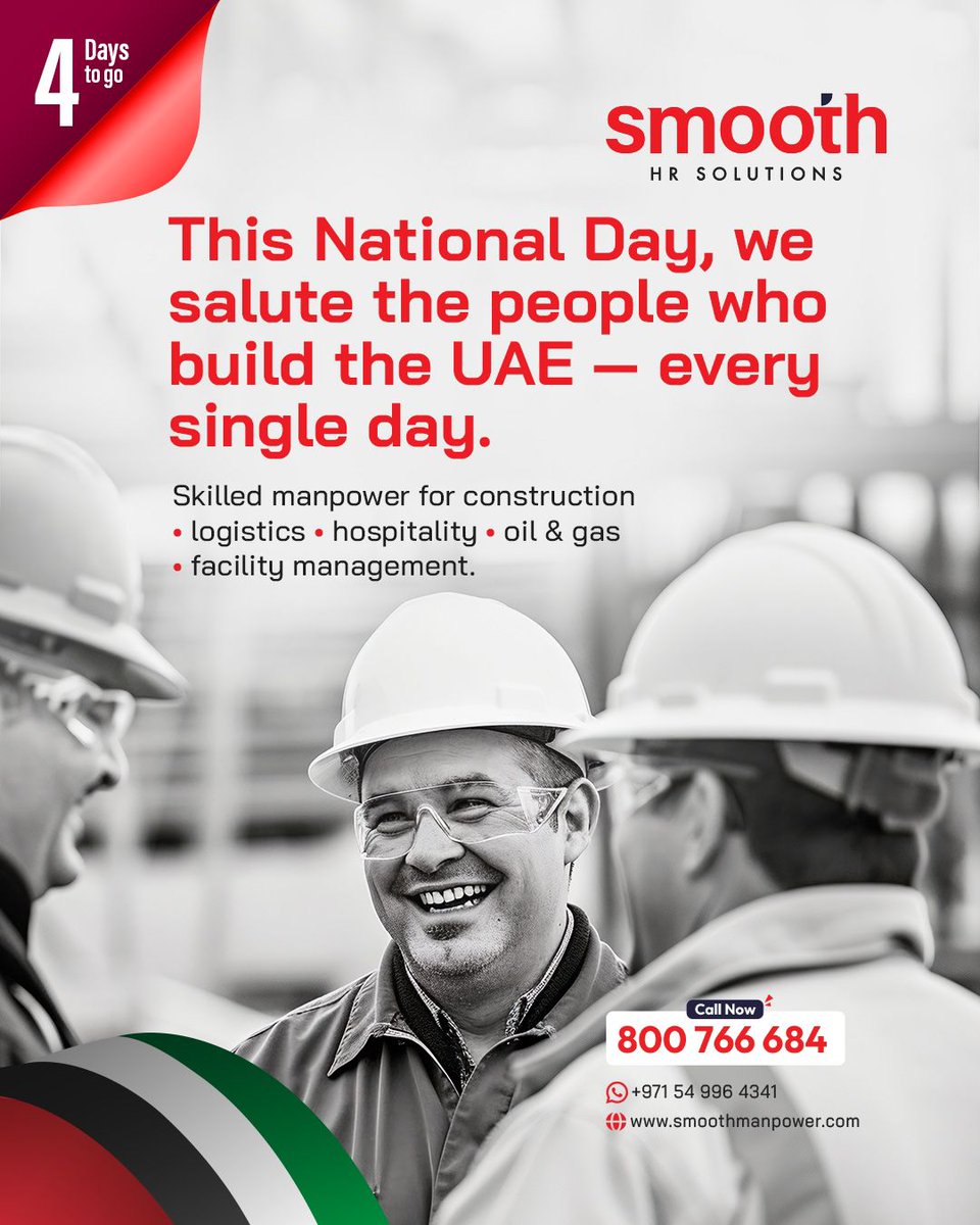 smooth_group's tweet image. Honouring the Hands that Build the Nation

Let’s salute the people who make the UAE stronger.

Contact us today at: 800 766 684

Visit our website: smoothmanpower.com

#staffingsolutions #manpower #professionalservice #unbeatablemanpower #nationalday #UAEnationalday
