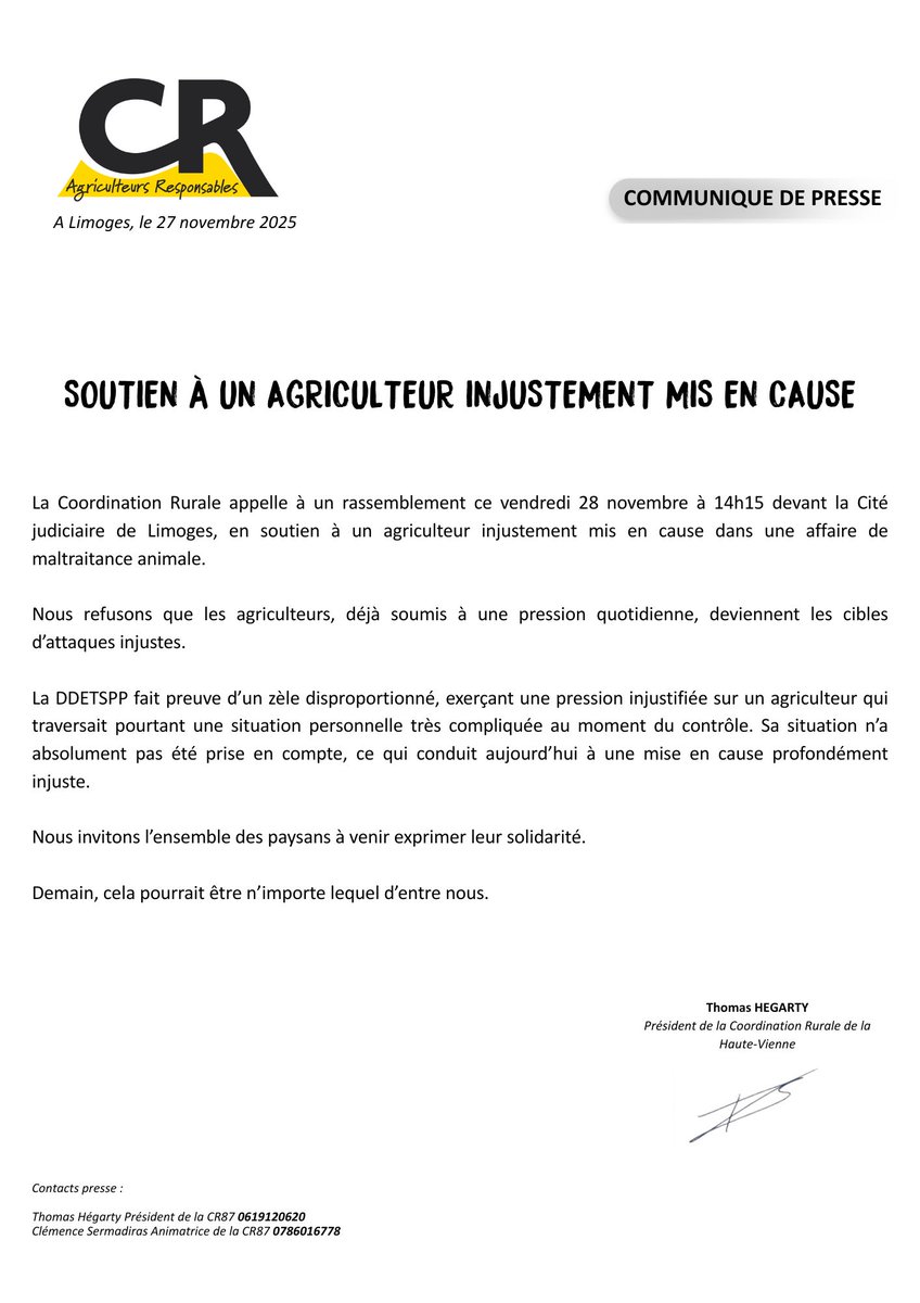 🔴 SOUTIEN A UN AGRICULTEUR INJUSTEMENT MIS EN CAUSE !

🟡⚫️ Retrouvez le communiqué de presse de la CR87 !