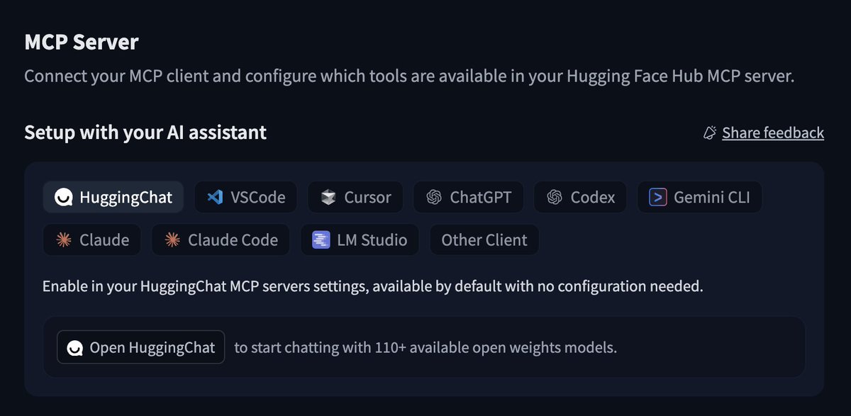 victormustar's tweet image. For MCP, I use this one (optimized for it): 
huggingface.co/settings/mcp?a…
Then it will become directly available in your favorite client: