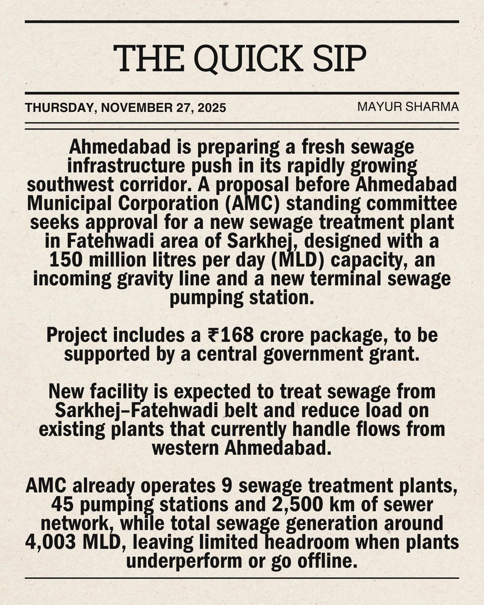 mayur259's tweet photo. #WaterNews: Ahmedabad civic body to vet 150 MLD Fatehwadi sewage plant, media tag cost at ₹168 crore to ease west-side load.

#TheQuickSip #BusinessNews https://t.co/OvMooPsBA1