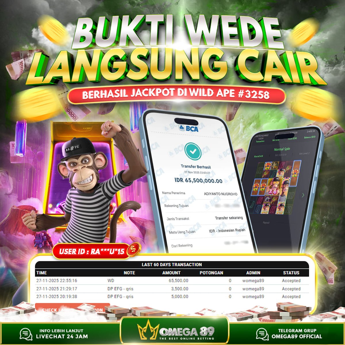 omega89top's tweet photo. OMEGA89 JACKPOT DI WILD APE #3258 Rp.65.500.000,- LUNAS!!πΈπΈ
β
Withdraw Cepat
β
Bukti Transfer Nyata
β
Menang Berapapun Pasti Dibayar
Raih JP nya sekarang juga bersama OMEGA89!
π https://t.co/6k7iYfw62m
#omega89 #omega89jp #omega89top #PGSoft #slotonline #jackpot #slot https://t.co/T5I7olHK4a