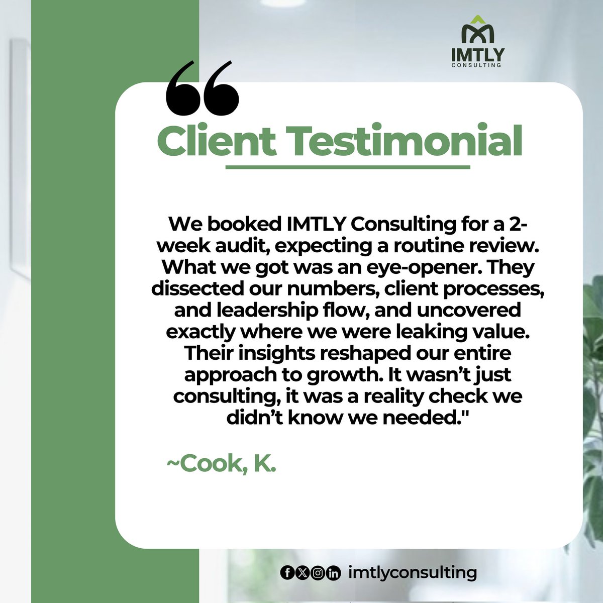imtly_llc's tweet image. Sometimes clarity is the most valuable service a consultant can offer.

That’s what IMTLY Consulting delivers.

#IMTLYConsulting #GrowthAudit #BusinessInsights #ConsultingThatWorks
