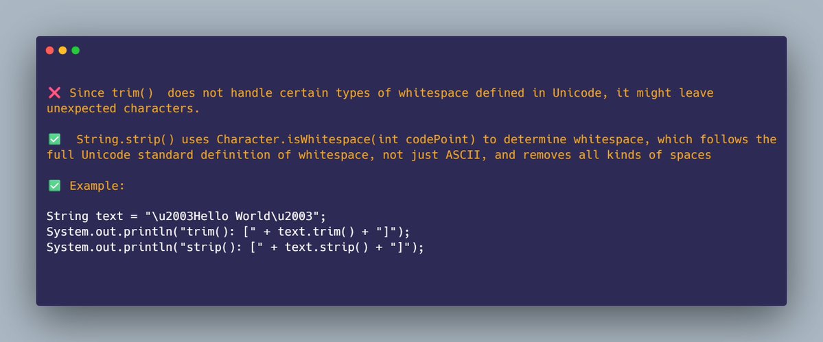 mario_casari's tweet image. 💡 Java tip: Starting from Java 11, you can use String.strip() instead of trim(), since it handles Unicode whitespaces correctly.
#Java #JavaDev