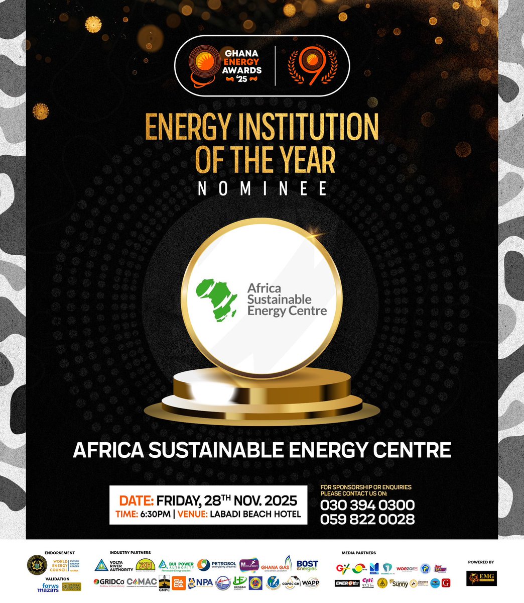 _asecgh's tweet image. We have been nominated for this year’s Ghana Energy Awards as:

1. Energy Think Tank of the Year 
2. Rising Star Company
3 Innovation Project of the Year
4. Outstanding Local Content Initiative of the Year 
5. Energy Institution of the Year 

#ASEC #ghanaenergyawards