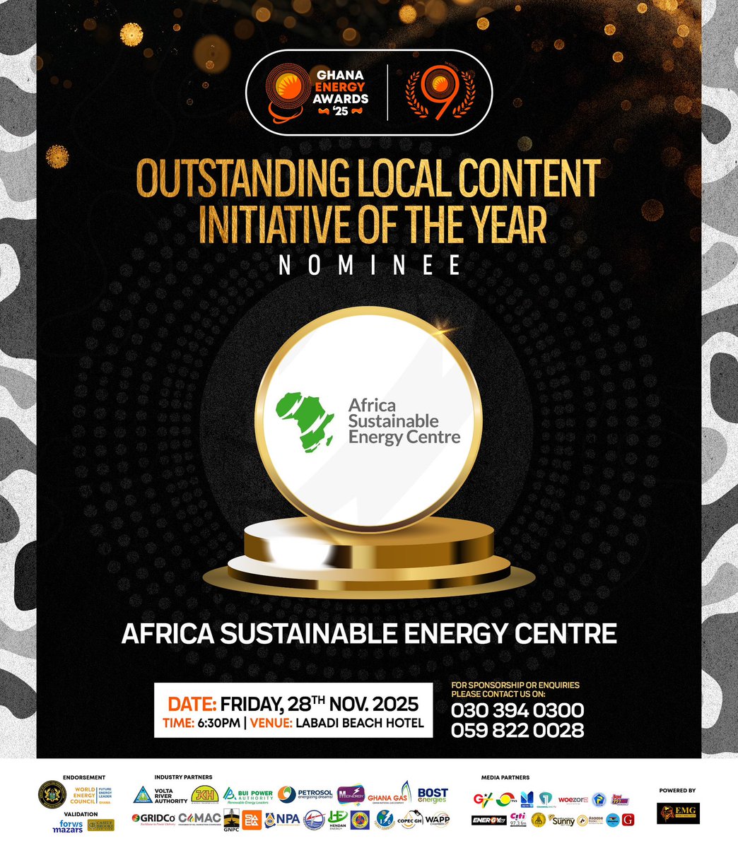 _asecgh's tweet image. We have been nominated for this year’s Ghana Energy Awards as:

1. Energy Think Tank of the Year 
2. Rising Star Company
3 Innovation Project of the Year
4. Outstanding Local Content Initiative of the Year 
5. Energy Institution of the Year 

#ASEC #ghanaenergyawards