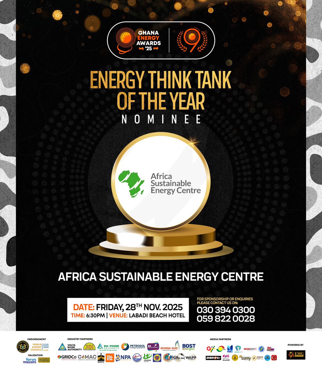 _asecgh's tweet image. We have been nominated for this year’s Ghana Energy Awards as:

1. Energy Think Tank of the Year 
2. Rising Star Company
3 Innovation Project of the Year
4. Outstanding Local Content Initiative of the Year 
5. Energy Institution of the Year 

#ASEC #ghanaenergyawards