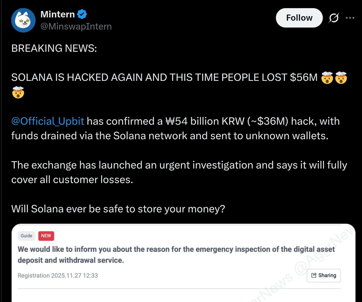 MastrXYZ's tweet image. SOLANA IS HACKED!

Will solana ever be safe?!

WTF!

Another bullshit tweet with no facts and full of vaporwave and lies.

Here’s what’s actually true:

#Upbit  lost about 36 to 38M from a compromised hot wallet that held Solana based assets. 
#Solana was not hacked. 
The Solana…