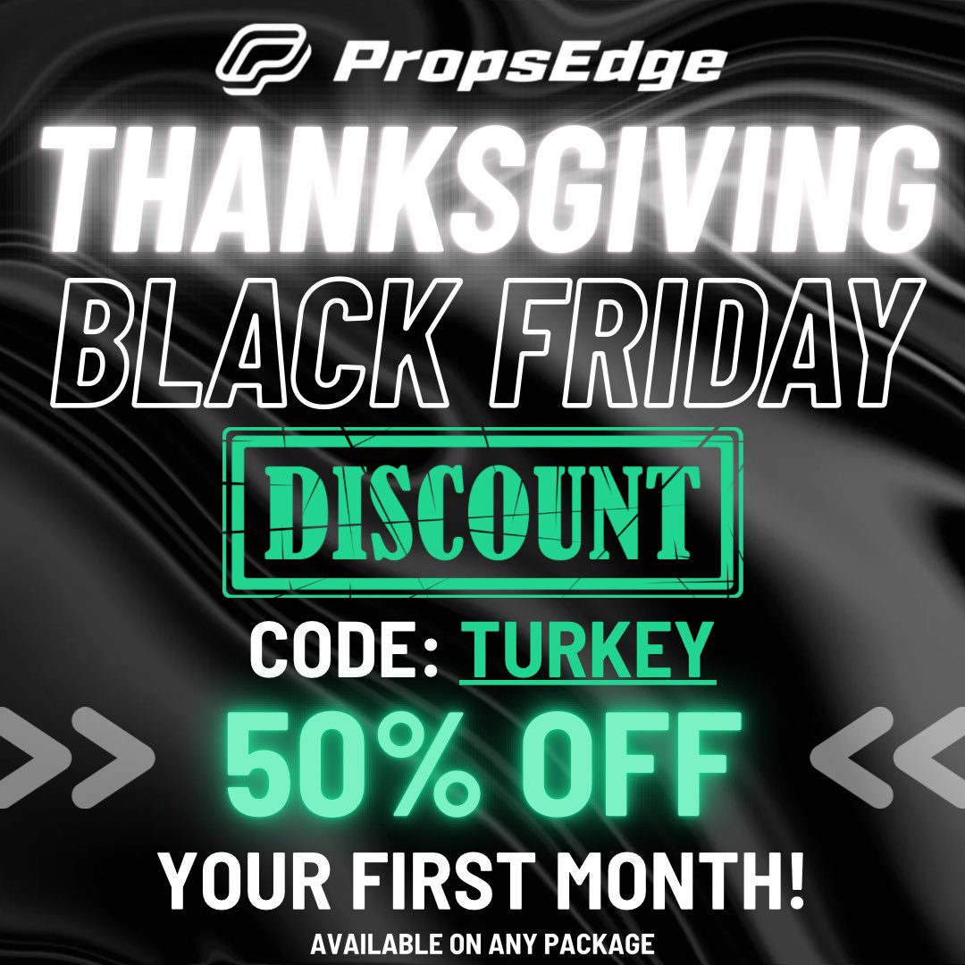 PropsEdge's tweet image. 🦃 THANKSGIVING x BLACK FRIDAY
——————DISCOUNT! ——————

Code: TURKEY for 50% OFF any package!

Code is valid over the next 48 hours! 🤝

Check us out! ➡️ propsedge.io/?via=x 

Improve your betting research today! 📊