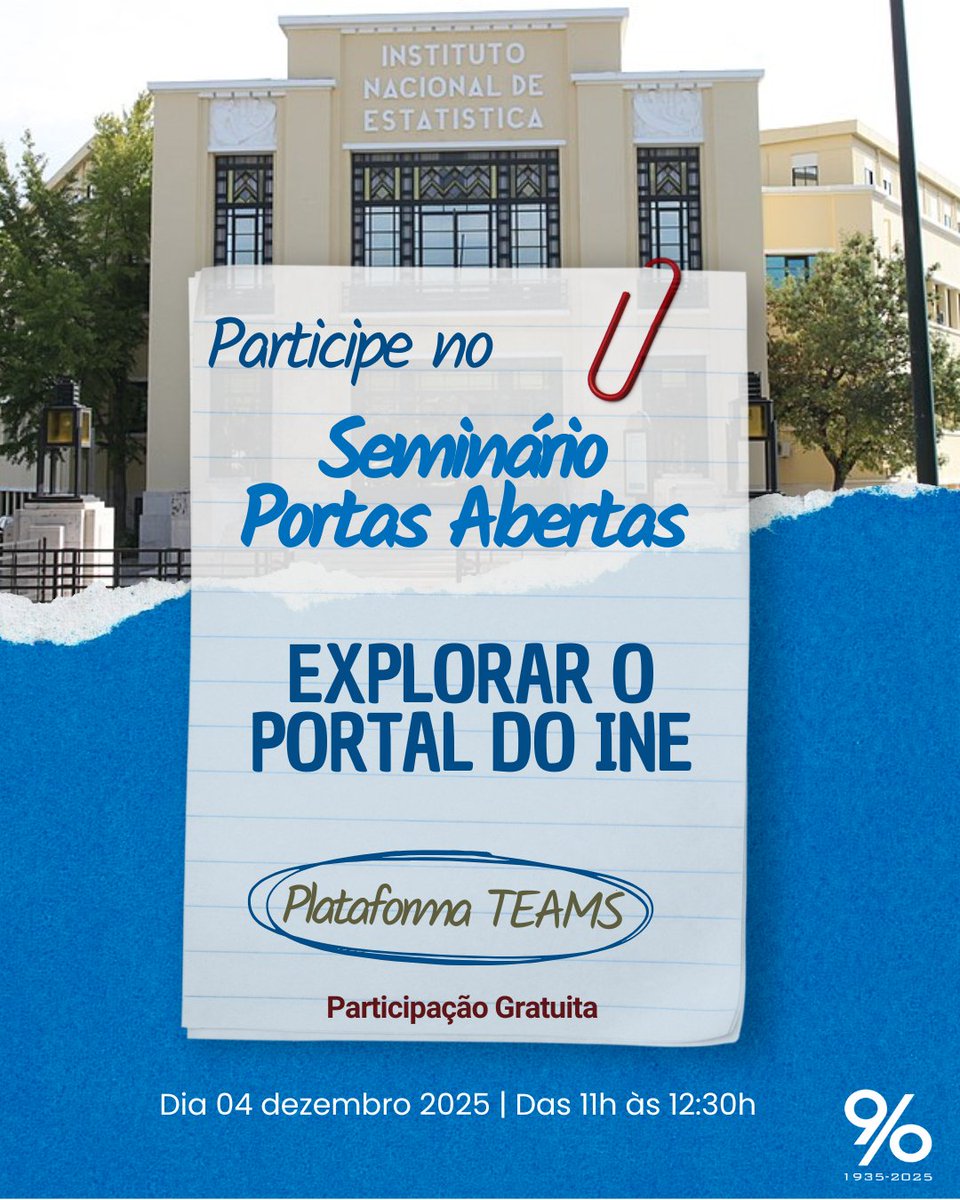 Seminário Portas Abertas: Explorar o Portal do INE – Sessão no MSTeams
Venha conhecer melhor o Portal do INE e aprender a tirar partido das suas principais funcionalidades e conteúdos estatísticos.
Entre no link tinyurl.com/27srts4u no dia e hora marcados (4dez | 11h).
#pt_ine