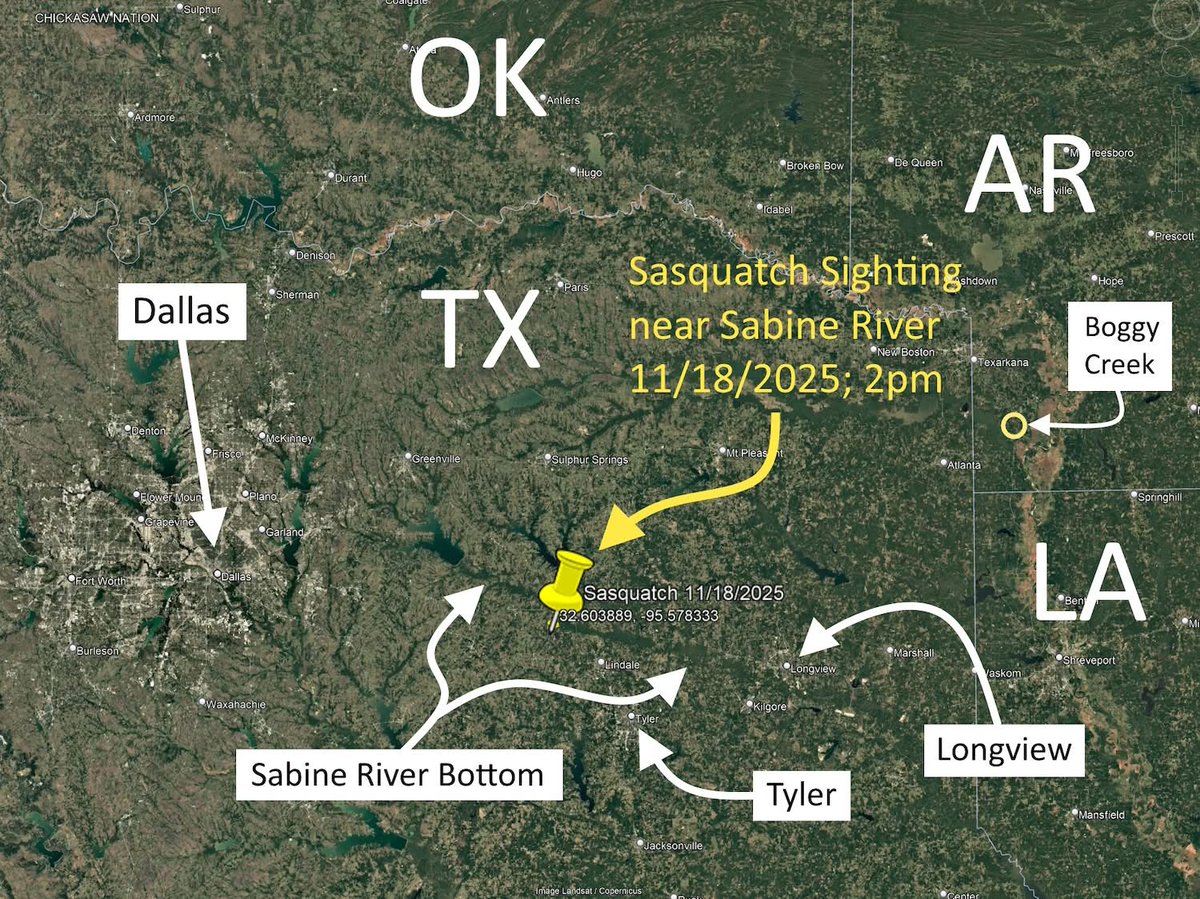 ATTN TEXAS >>> UPDATE of Sasquatch Sighting 70 miles east of Dallas ; 23 miles northwest of Tyler >> LAST WEEK - 11/18/25 @ 2pm daylight sighting of a big tall brown sasquatch by a trucker north of Garden Valley Texas.

The first report received was from the wife of the trucker.