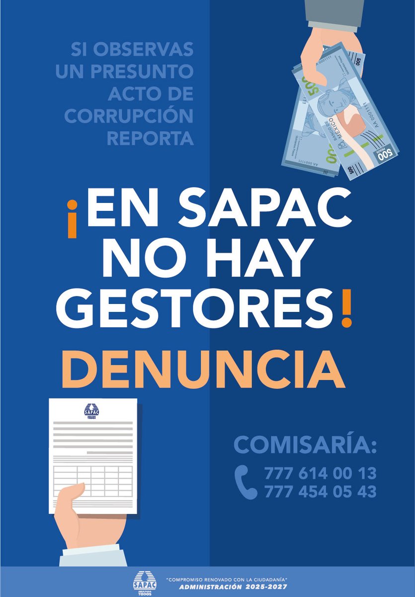 SapacCuernavaca's tweet image. ✋🛑Si observas un presunto acto de corrupción ¡Reporta‼
Comisaría del #SAPAC: 📞7776140013 📞7774540543

💦🚧 Administración 2025-2027, compromiso renovado con la ciudadanía #Cuernavaca