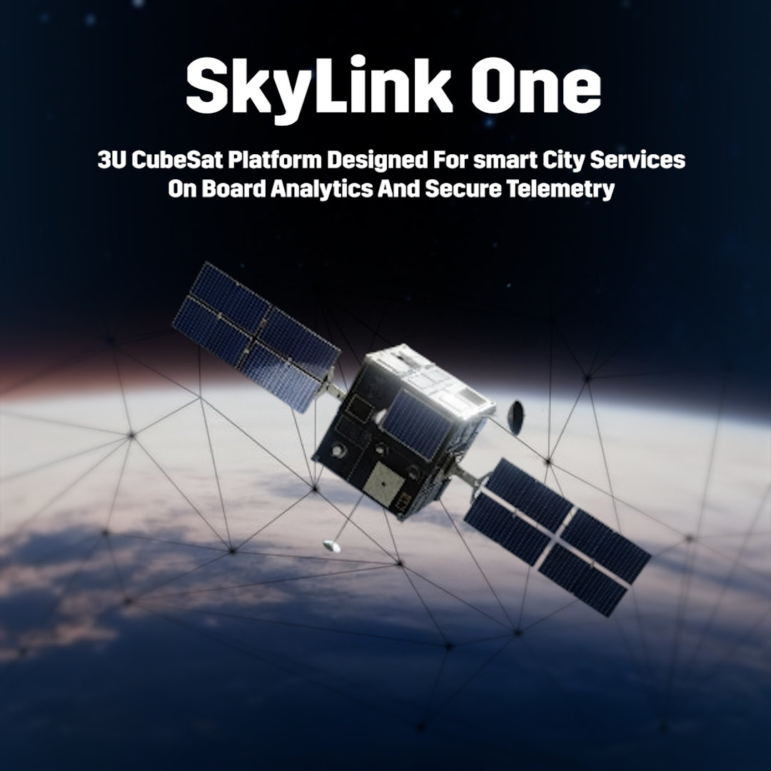 SkyLink One, one of SkyNova’s pioneering satellite platforms, developed to advance smart city connectivity and data intelligence.
This 3U CubeSat integrates onboard analytics, secure telemetry, and multi-sensor communication to support real-time urban and environmental insights.