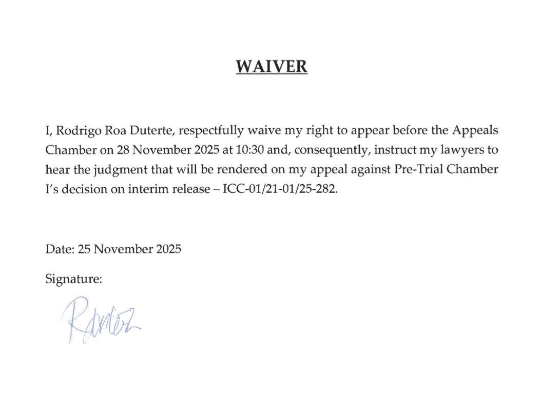 chronikrissys's tweet image. Prep notes para sa hearing ni Duterte sa November 28, 2025:

1. Mabilis lang ito, maximum na ang two hours (5:30-7:30pm Manila time). Babasahin lang ang desisyon ng Appeals Chamber tungkol sa interim release. 

2. Absent si Duterte. Nag-sign na sya ng waiver of appearance at...+