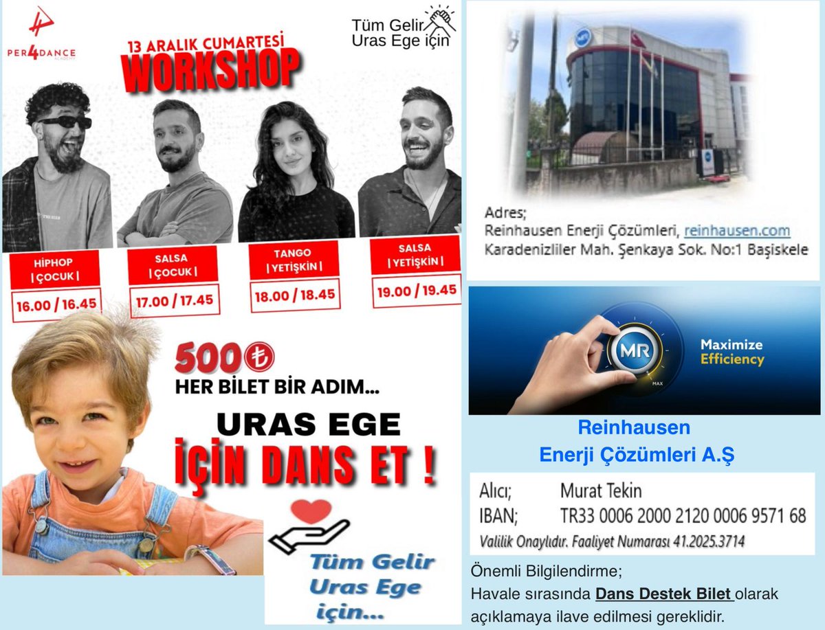 Uras Ege 3,5 yaşında DMD ilerleyici kas hastası . Tedavisi için bir kampanya yürütülüyor. " Uras Ege'ye adım ol" kampanyasında her adım 100₺.
Ayrıca tüm geliri kampanyaya aktarılacak olan dans gecesi için 1 bilet 500₺.
Kampanya Kocaeli Valiliği onaylı.
Herşey Uras Ege için