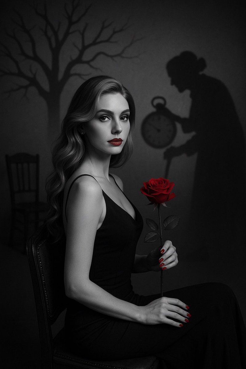 Luxara00's tweet photo. She accepted the rose at midnight,
its thorns whispering promises of eternal youth.
But the shadow behind her—grandmother's ghost,
with hourglass in hand—ticked away her years.
One petal for a decade lost.
By dawn, she was the bloom,
and time was the thief.
#Luxara Noir https://t.co/ZY9HrDpjBW