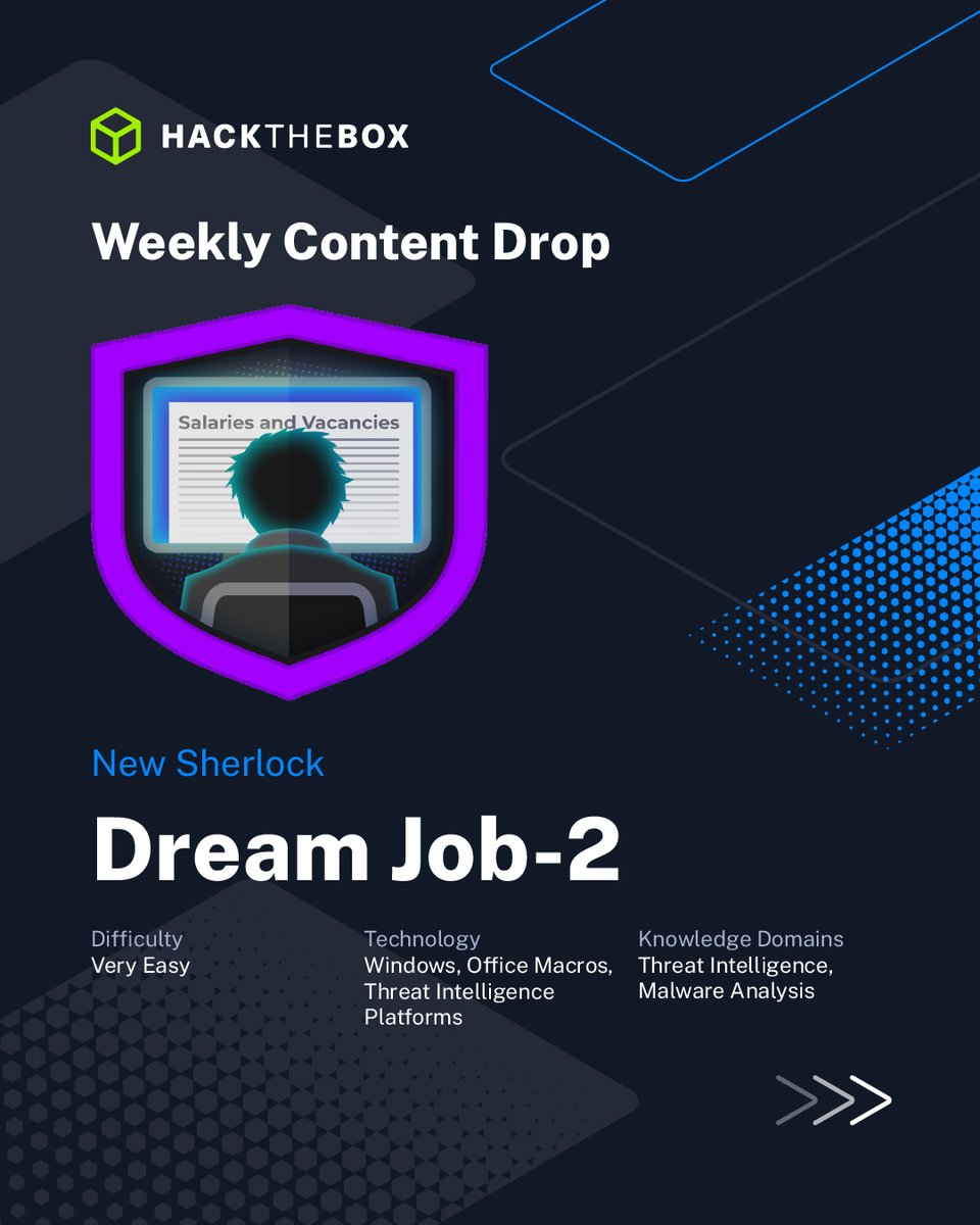hackthebox_eu's tweet image. Objection, your honor 🙋
Here are all the brand-new pieces of content coming to the #HackTheBox platforms this week!
🔴 Gavel, an HTB Seasons Machine created by Shadow21A
🔵 Dream Job-2, a Sherlock created by ArthurWho
🔴 Arno, a Challenge created by Z4ki

Get started now on #HTB…