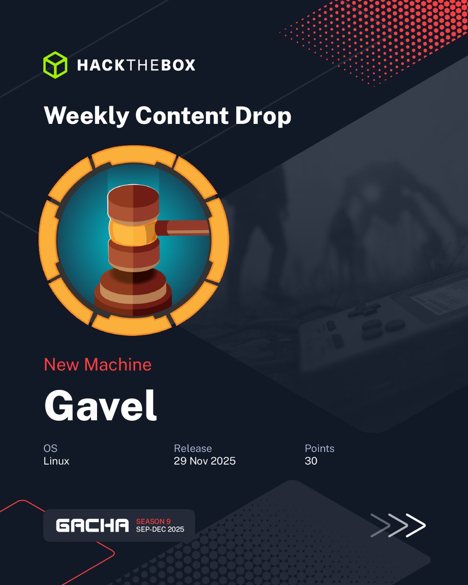 hackthebox_eu's tweet image. Objection, your honor 🙋
Here are all the brand-new pieces of content coming to the #HackTheBox platforms this week!
🔴 Gavel, an HTB Seasons Machine created by Shadow21A
🔵 Dream Job-2, a Sherlock created by ArthurWho
🔴 Arno, a Challenge created by Z4ki

Get started now on #HTB…