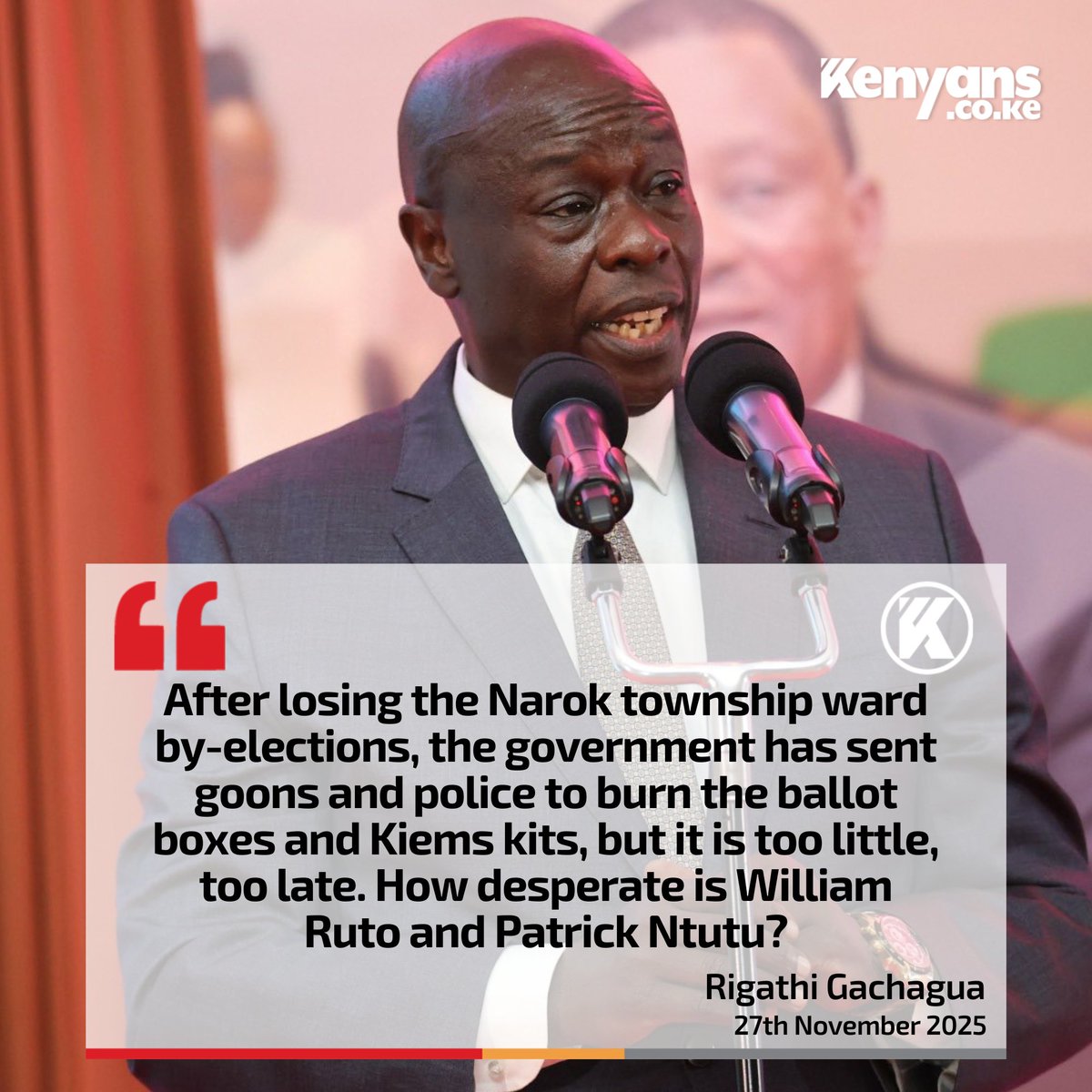 Kenyans's tweet photo. After losing the Narok township ward by-elections, the government has sent goons and police to burn the ballot boxes and Kiems kits - Gachagua https://t.co/SSWeXoc0KN