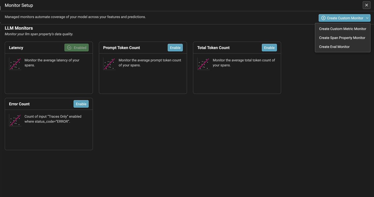 arizeai's tweet image. Arize AX Monitors let you set up alerts for the metrics that actually matter in your LLM apps: latency spikes, hallucination rates, eval failures, error counts, token usage, you name it.

You&apos;ve got two paths:
➡️ Custom monitors for tracking exactly what you care about (like…