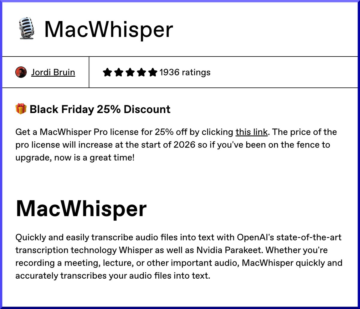forensico's tweet image. Get a @macwhisperapp Pro license for 25% off by clicking on the #blackfriday link.

I’ve been using #MacWhisper since its early days: it has grown a lot, becoming a complete, reliable, and affordable transcription software that works locally without needing to upload audio or…