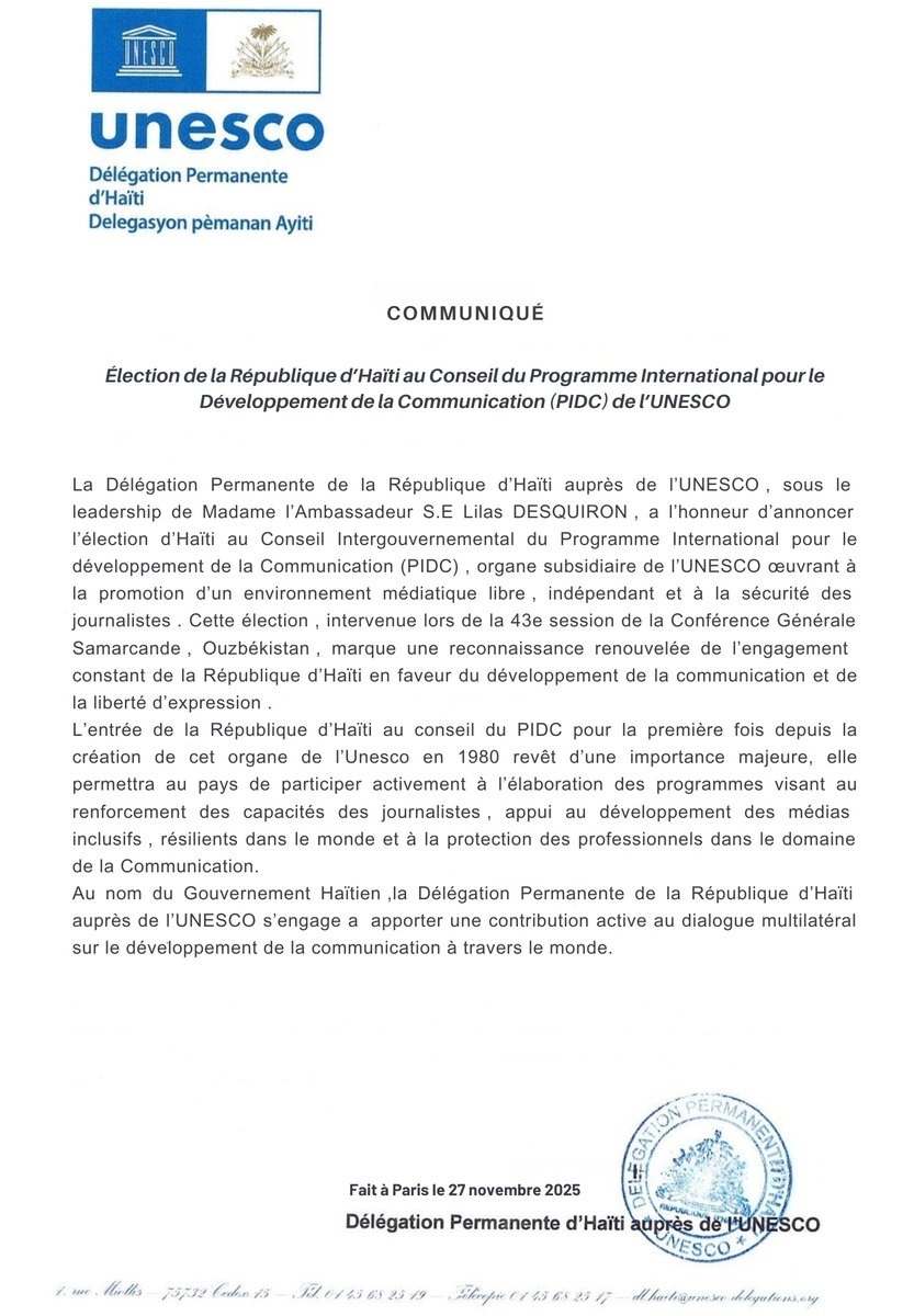 Haïti rejoint pour la première fois le Conseil du Programme international pour le développement de la communication de l’#UNESCO.
Annoncée le 27 novembre par la Délégation permanente d’Haïti auprès de l’UNESCO. <a href="/DphUnesco/">DPH 🇭🇹 UNESCO</a> #lequotidien509