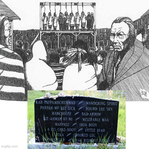 LiamOMaraIV's tweet image. On #ThisDayInHistory in 1885, eight #Nehinaw/#Cree were hanged in #Battleford, #Canada. They had a very short trial, conducted in English with no translation provided and with no defence attorneys. Colonial powers have always broken their own rules to oppress #Indigenous people.