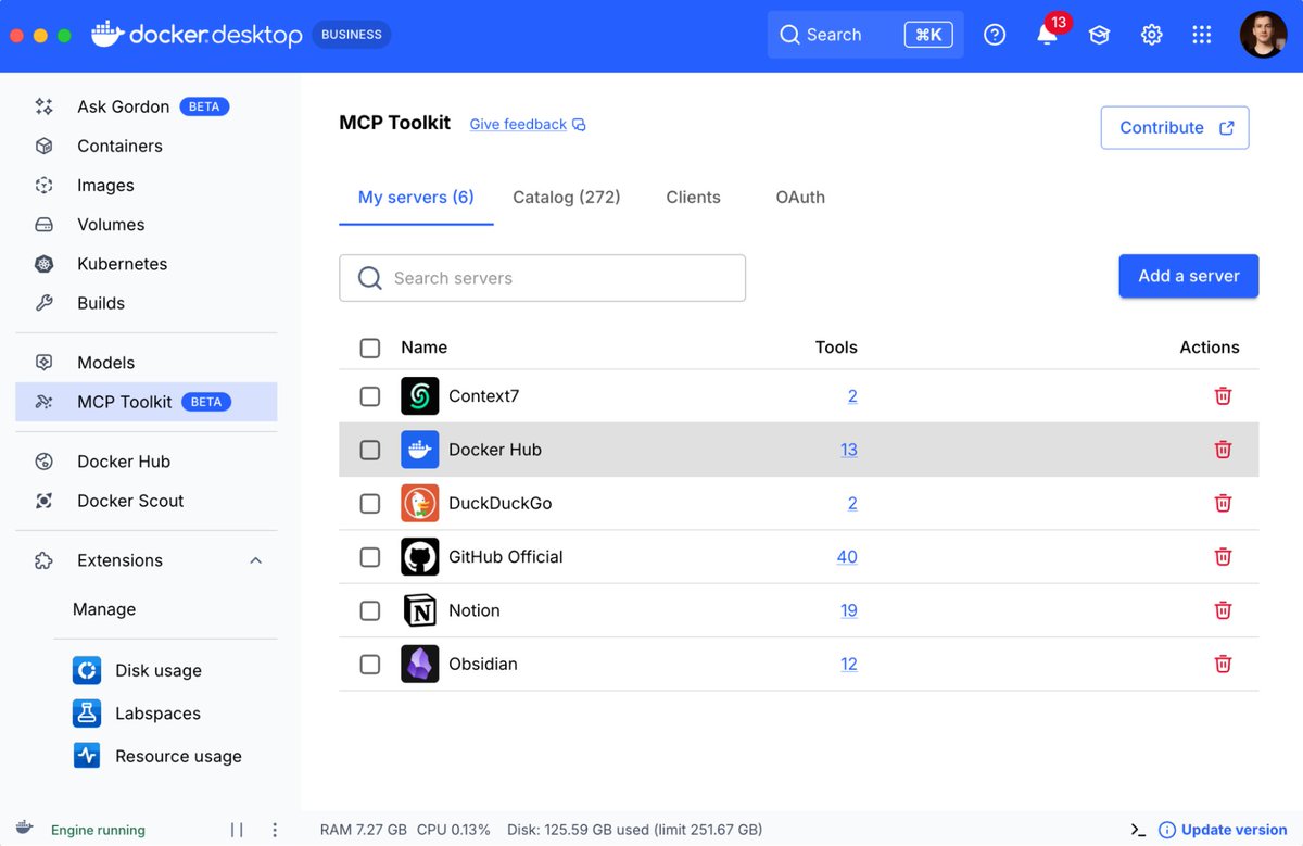 Docker's tweet image. AI agents need tools and MCP is how they connect.

In this blog, @shelajev shares 6 must-have MCP servers to boost productivity, like Context7 for smarter code and @github + @NotionHQ for full project context.

Read: bit.ly/48CrTHS 

#Docker #MCP #AI #DevTools #LLM