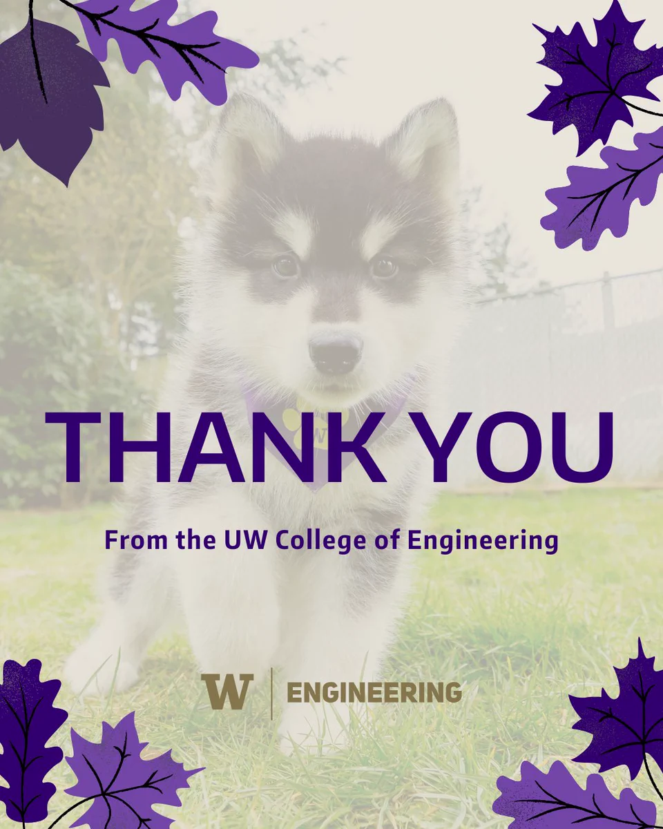 "Thank You from the UW College of Engineering" in purple text over a photo of Dubs as a puppy
