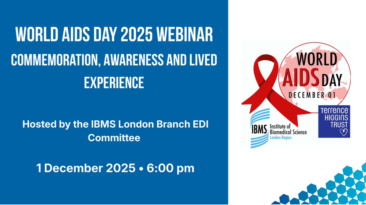 IBMScience's tweet image. Join us this World AIDS Day for a powerful webinar exploring commemoration, awareness and lived experience.

The IBMS London Branch EDI Committee will be hosting speakers from the Terrence Higgins Trust who will share their personal journeys and insights into the ongoing…